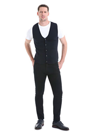 Lacivert Regular Fit Düz V Yaka Triko Yelek | M
