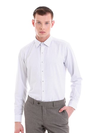 Lacivert Slim Fit Baskılı Pamuklu Slim Yaka Uzun Kollu  Klasik Gömlek | S