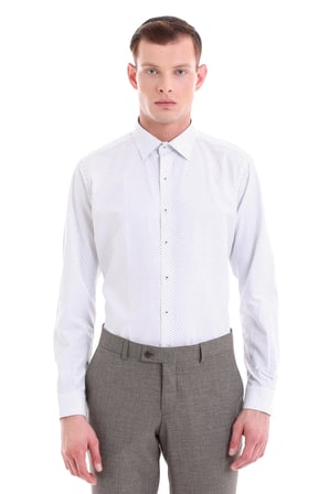 Lacivert Slim Fit Baskılı Pamuklu Slim Yaka Uzun Kollu  Klasik Gömlek | S