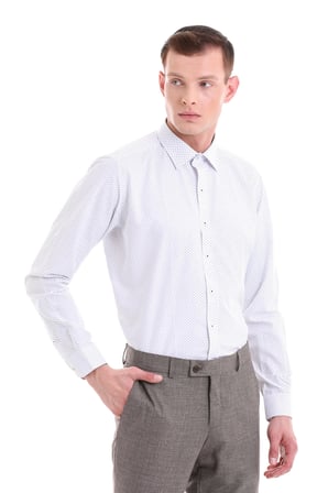 Lacivert Slim Fit Baskılı Pamuklu Slim Yaka Uzun Kollu  Klasik Gömlek | S