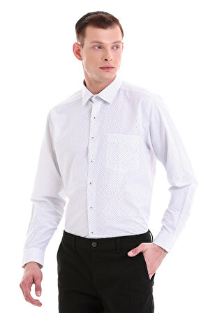 Lacivert Klasik Fit Baskılı Pamuklu Slim Yaka Uzun Kollu Klasik Gömlek | L