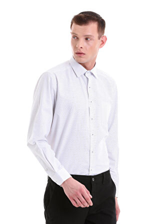 Lacivert Klasik Fit Baskılı Pamuklu Slim Yaka Uzun Kollu Klasik Gömlek | L