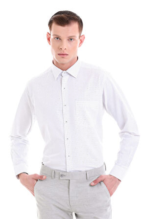 Gri Klasik Fit Baskılı Pamuklu Slim Yaka Uzun Kollu Klasik Gömlek | M