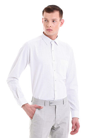 Gri Klasik Fit Baskılı Pamuklu Slim Yaka Uzun Kollu Klasik Gömlek | M