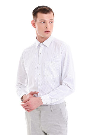 Gri Klasik Fit Baskılı Pamuklu Slim Yaka Uzun Kollu Klasik Gömlek | M