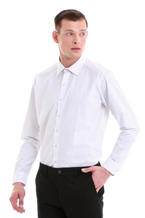 Gri Slim Fit Baskılı Pamuklu Slim Yaka Uzun Kollu Klasik Gömlek | S