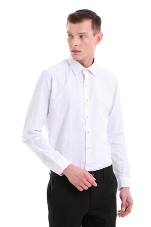 Gri Slim Fit Baskılı Pamuklu Slim Yaka Uzun Kollu Klasik Gömlek | S