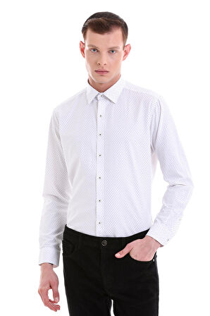 Siyah Slim Fit Baskılı Pamuklu Slim Yaka Uzun Kollu Klasik Gömlek | S