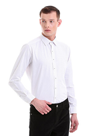 Siyah Slim Fit Baskılı Pamuklu Slim Yaka Uzun Kollu Klasik Gömlek | S