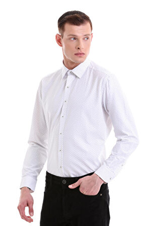 Siyah Slim Fit Baskılı Pamuklu Slim Yaka Uzun Kollu Klasik Gömlek | S