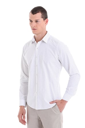 Yeşil Slim Fit Baskılı Pamuklu Uzun Kollu Klasik Gömlek | S