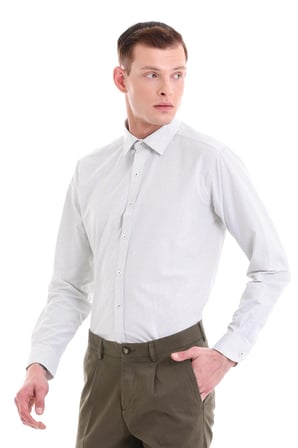 Yeşil Slim Fit Baskılı Pamuklu Slim Yaka Uzun Kollu  Klasik Gömlek | XS
