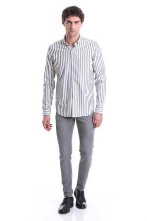 Lacivert Slim Fit Çizgili Dik Yaka Pamuklu Uzun Kollu Casual Gömlek | XS
