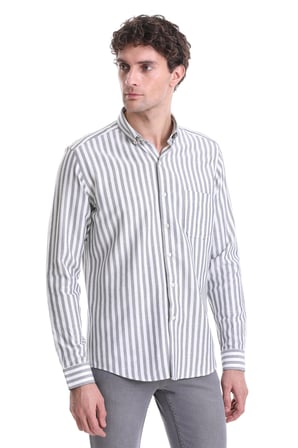 Lacivert Slim Fit Çizgili Dik Yaka Pamuklu Uzun Kollu Casual Gömlek | XS
