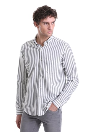 Lacivert Slim Fit Çizgili Dik Yaka Pamuklu Uzun Kollu Casual Gömlek | XS