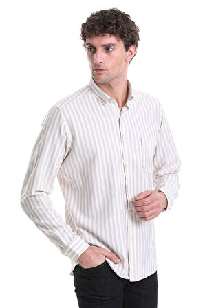Bej Slim Fit Çizgili Dik Yaka Pamuklu Uzun Kollu Casual Gömlek | S