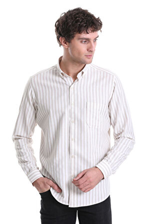 Bej Slim Fit Çizgili Dik Yaka Pamuklu Uzun Kollu Casual Gömlek | S