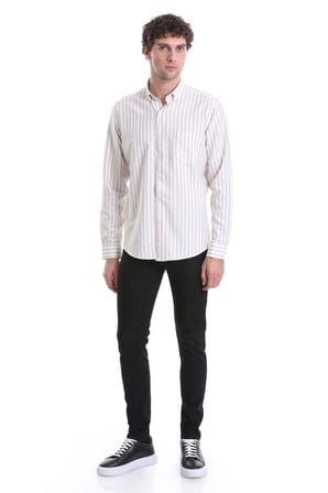 Bej Slim Fit Çizgili Dik Yaka Pamuklu Uzun Kollu Casual Gömlek | XS