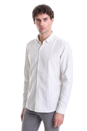Gri Slim Fit Çizgili Dik Yaka Pamuklu Uzun Kollu Casual Gömlek | XS