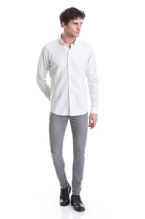 Gri Slim Fit Çizgili Dik Yaka Pamuklu Uzun Kollu Casual Gömlek | XS
