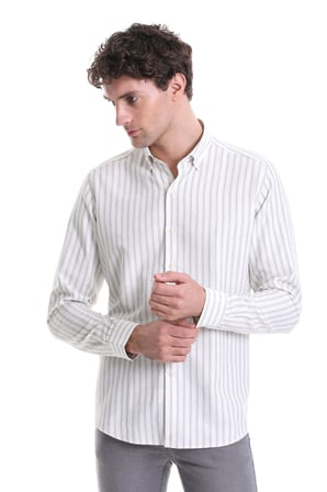 Gri Slim Fit Çizgili Dik Yaka Pamuklu Uzun Kollu Casual Gömlek | XS