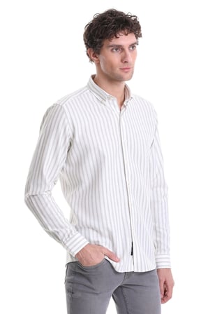 Gri Slim Fit Çizgili Dik Yaka Pamuklu Uzun Kollu Casual Gömlek | XS