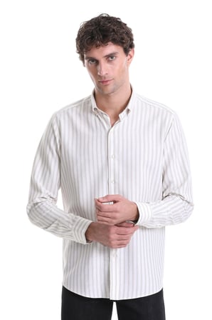 Bej Slim Fit Çizgili Dik Yaka Pamuklu Uzun Kollu Casual Gömlek | XS