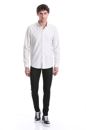 Bej Slim Fit Çizgili Dik Yaka Pamuklu Uzun Kollu Casual Gömlek | XS