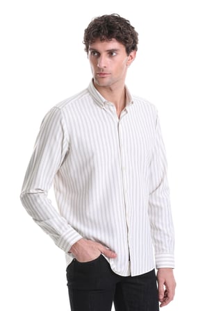 Bej Slim Fit Çizgili Dik Yaka Pamuklu Uzun Kollu Casual Gömlek | XS