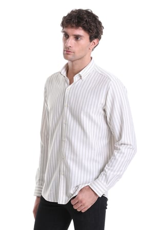 Bej Slim Fit Çizgili Dik Yaka Pamuklu Uzun Kollu Casual Gömlek | XS
