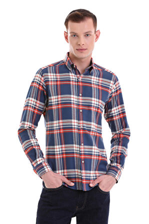Lacivert Slim Fit Kareli 100% Pamuklu Düğmeli Yaka Uzun Kollu Klasik Gömlek | M