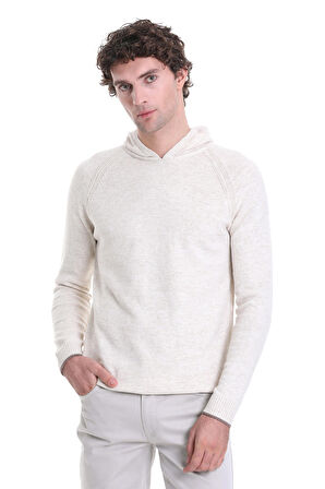 Ekru Regular Fit Jakarlı Kapüşonlu Triko Kazak | XL