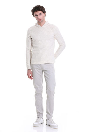 Ekru Regular Fit Jakarlı Kapüşonlu Triko Kazak | XL