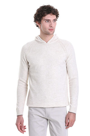 Ekru Regular Fit Jakarlı Kapüşonlu Triko Kazak | XL