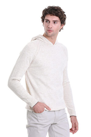 Ekru Regular Fit Jakarlı Kapüşonlu Triko Kazak | XL