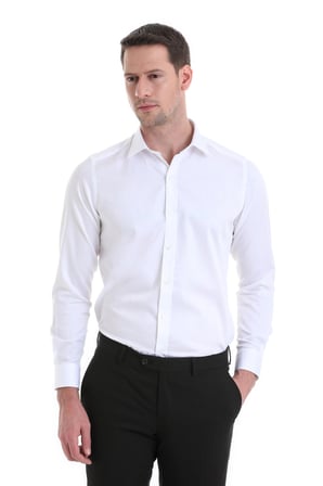 Beyaz Slim Fit Düz 100% Pamuklu Slim Yaka Uzun Kollu Casual Saten Gömlek | S