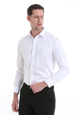 Beyaz Slim Fit Düz 100% Pamuklu Slim Yaka Uzun Kollu Casual Saten Gömlek | S