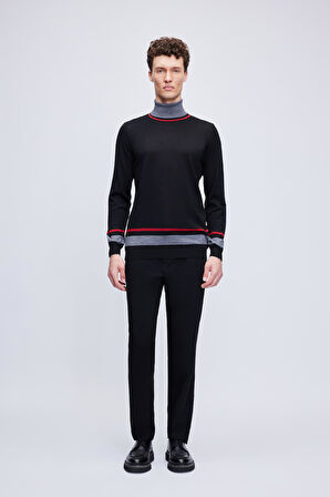 Siyah Regular Fit Çizgili Balıkçı Yaka Yünlü Triko Kazak | M