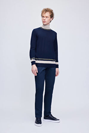 Lacivert Regular Fit Çizgili Balıkçı Yaka Yünlü Triko Kazak | L