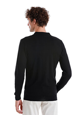 Siyah Regular Fit Jakarlı Polo Yaka Yünlü Triko Kazak | 3XL