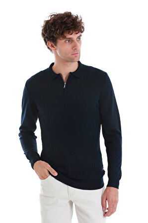 Lacivert Regular Fit Jakarlı Polo Yaka Yünlü Triko Kazak | XL