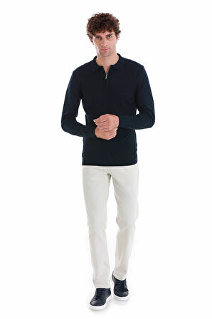 Lacivert Regular Fit Jakarlı Polo Yaka Yünlü Triko Kazak | XL