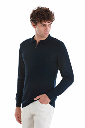 Lacivert Regular Fit Jakarlı Polo Yaka Yünlü Triko Kazak | XL