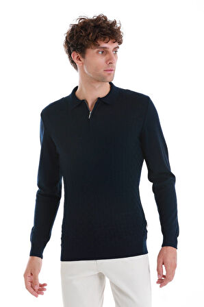 Lacivert Regular Fit Jakarlı Polo Yaka Yünlü Triko Kazak | XL