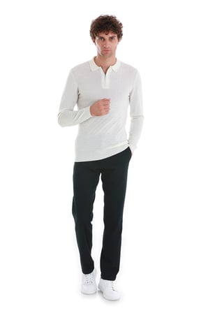 Ekru Regular Fit Jakarlı Polo Yaka Yünlü Triko Kazak | M