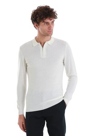 Ekru Regular Fit Jakarlı Polo Yaka Yünlü Triko Kazak | M