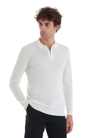 Ekru Regular Fit Jakarlı Polo Yaka Yünlü Triko Kazak | M