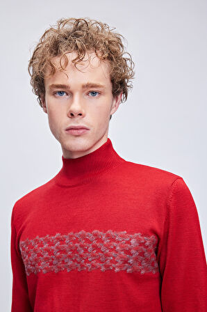 Kırmızı Regular Fit Jakarlı Yarım Balıkçı Yaka Yünlü Triko Kazak | S