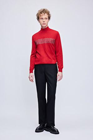 Kırmızı Regular Fit Jakarlı Yarım Balıkçı Yaka Yünlü Triko Kazak | S