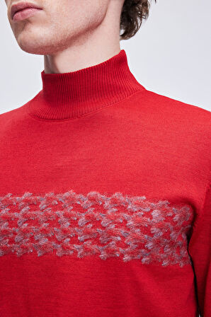 Kırmızı Regular Fit Jakarlı Yarım Balıkçı Yaka Yünlü Triko Kazak | S